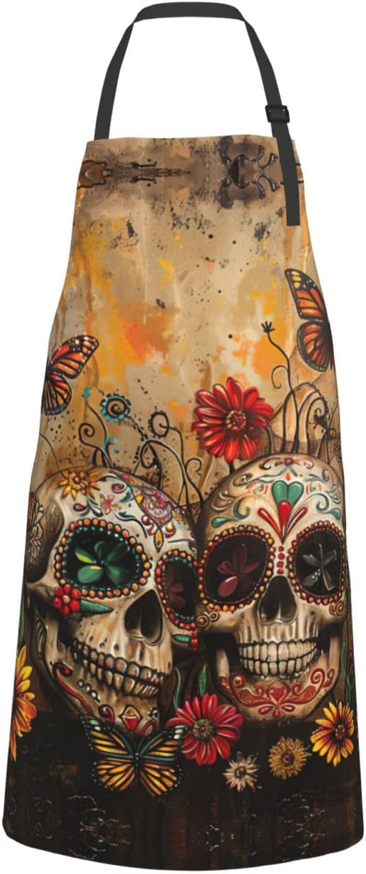 sugar skulls butterfly print Waterproof chef's apron with pocket apron for kitchen cooking baking barbecue and gardening