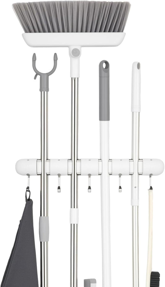 OTraki Broom Holder Wall Mount, Heavy Duty Wood Mop and Broom Organizer with 5 Slots and 4 Hooks, Garden Tool Hanger for Laundry Room Closet Kitchen Garage Storage and Organization