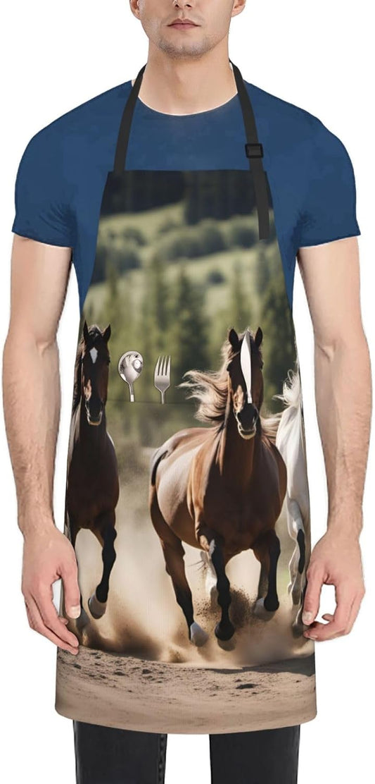 Three running horses print Waterproof chef's apron with pocket apron for kitchen cooking baking barbecue and gardening