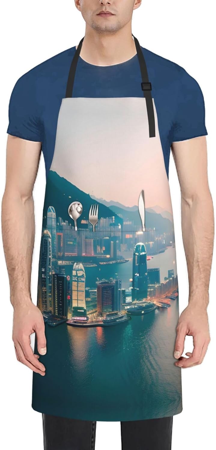 Hong Kong Print Laundry apron 28x33 In Waterproof Kitchen Apron with Pockets for Cooking Baking
