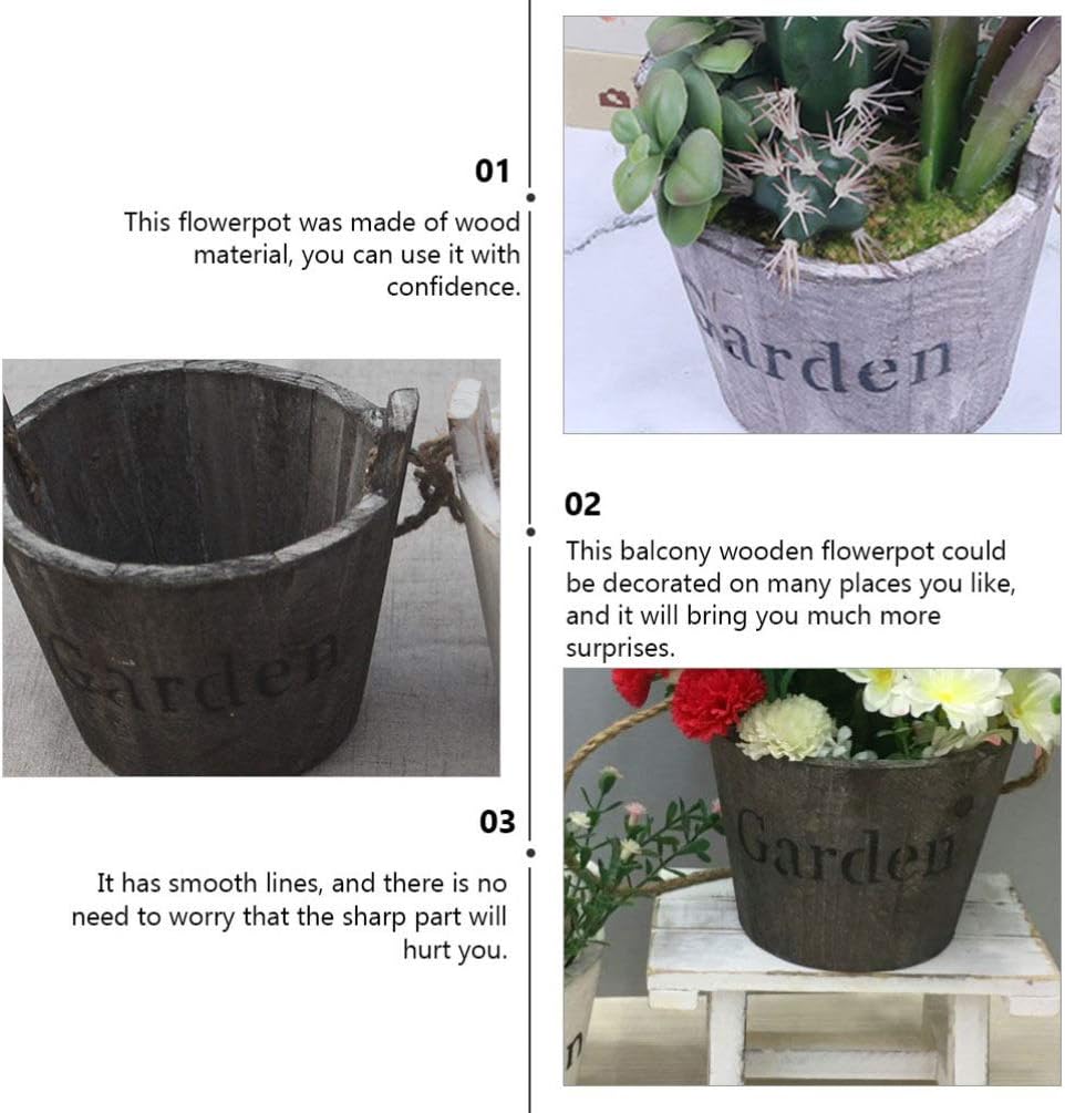 Hemoton Wooden Barrel Planter 2Pcs Set Rustic Bucket Flower Pot Decoration with Handle for Indoor Outdoor Succulent Plants