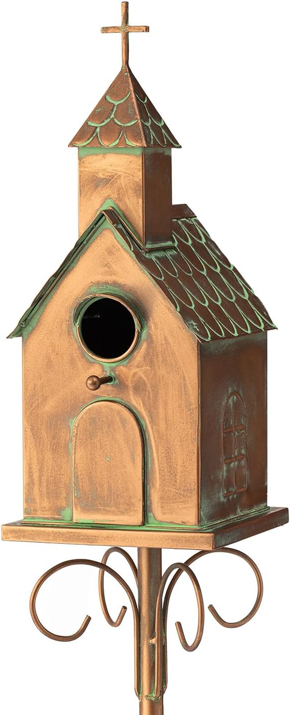 Glitzhome Bird House for Outdoors, 53.00" H Farmhouse Faux Copper Distressed Metal Bird House Church Birdhouse Decorative Garden Birdhouse with Stake