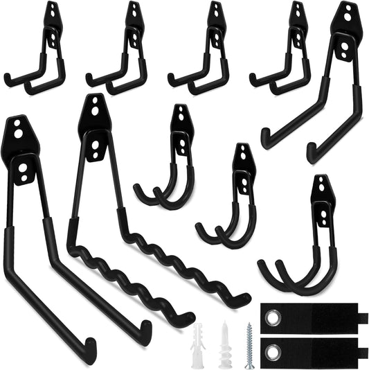 Garage Hooks, 12 Pack Heavy Duty Wall Mount Storage Hanger, Steel Garage Storage Hooks for Ladder, Bike, Garden Tool with Extension Cord Holder Organizer (Black)