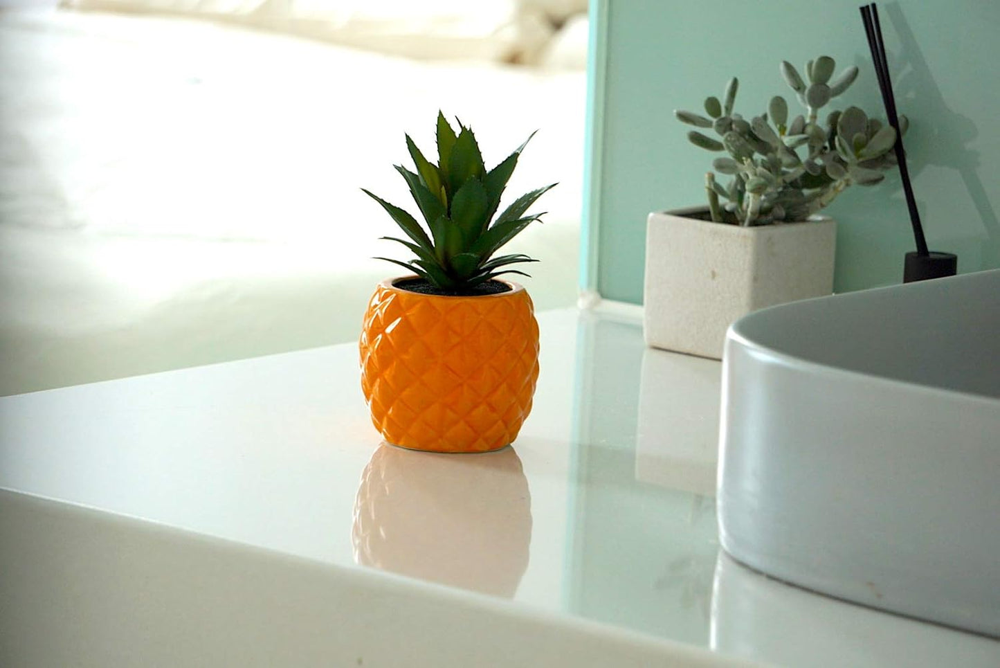 Porcelain Orange Pineapple Ananas Faux Green Plant Potted Artificial Succulent 7.8" Home Office Bathroom Tabletop Kitchen Shelf Decoration