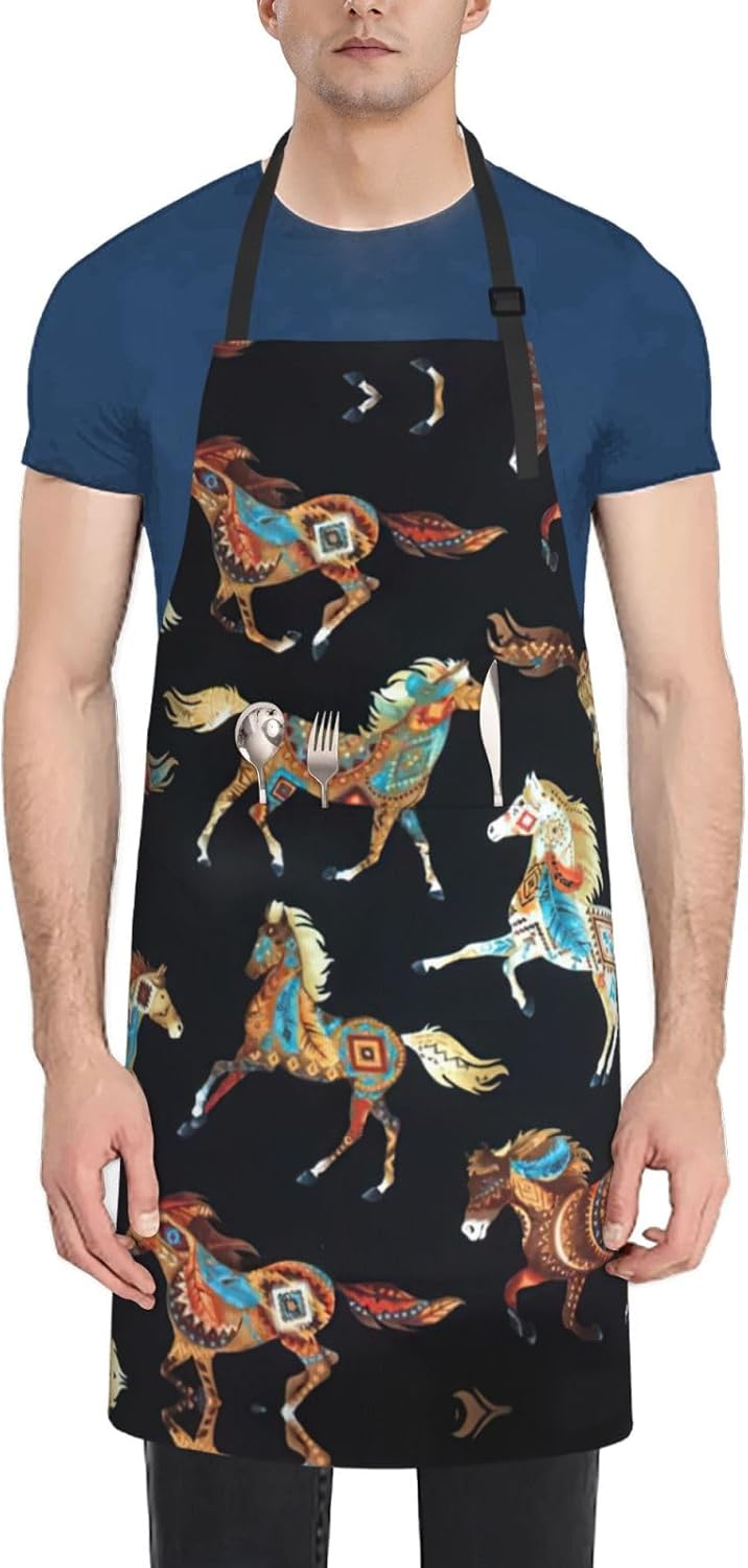 Brown Horse Print Laundry apron 28x33 In Waterproof Kitchen Apron with Pockets for Cooking Baking
