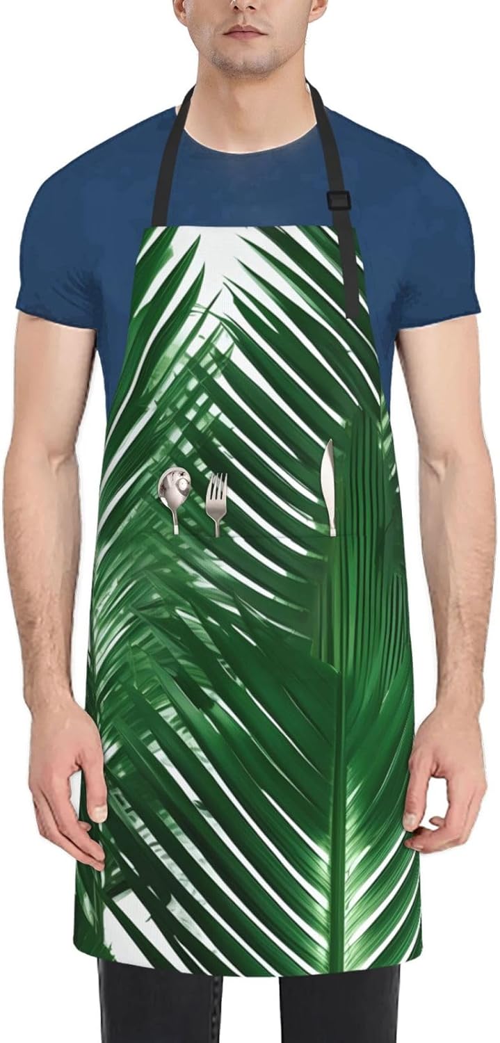 YANYU Green Palm Leaf Print 28x33 In Kitchen Apron Stylish Chef Apron 