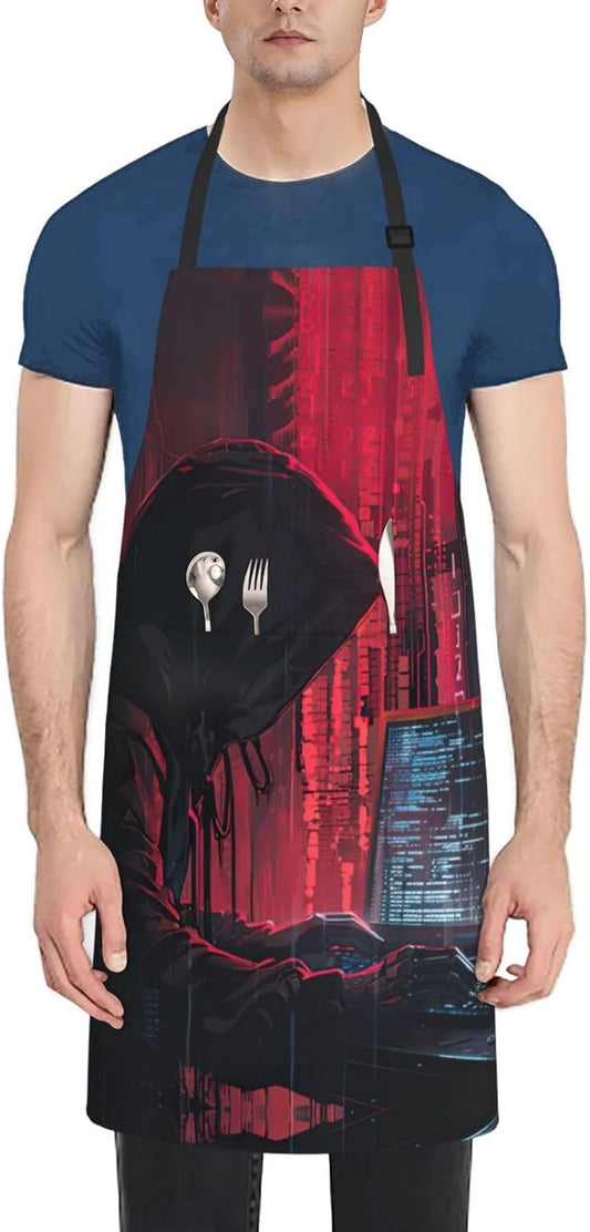Hacker Attack print Waterproof chef's apron with pocket apron for kitchen cooking baking barbecue and gardening