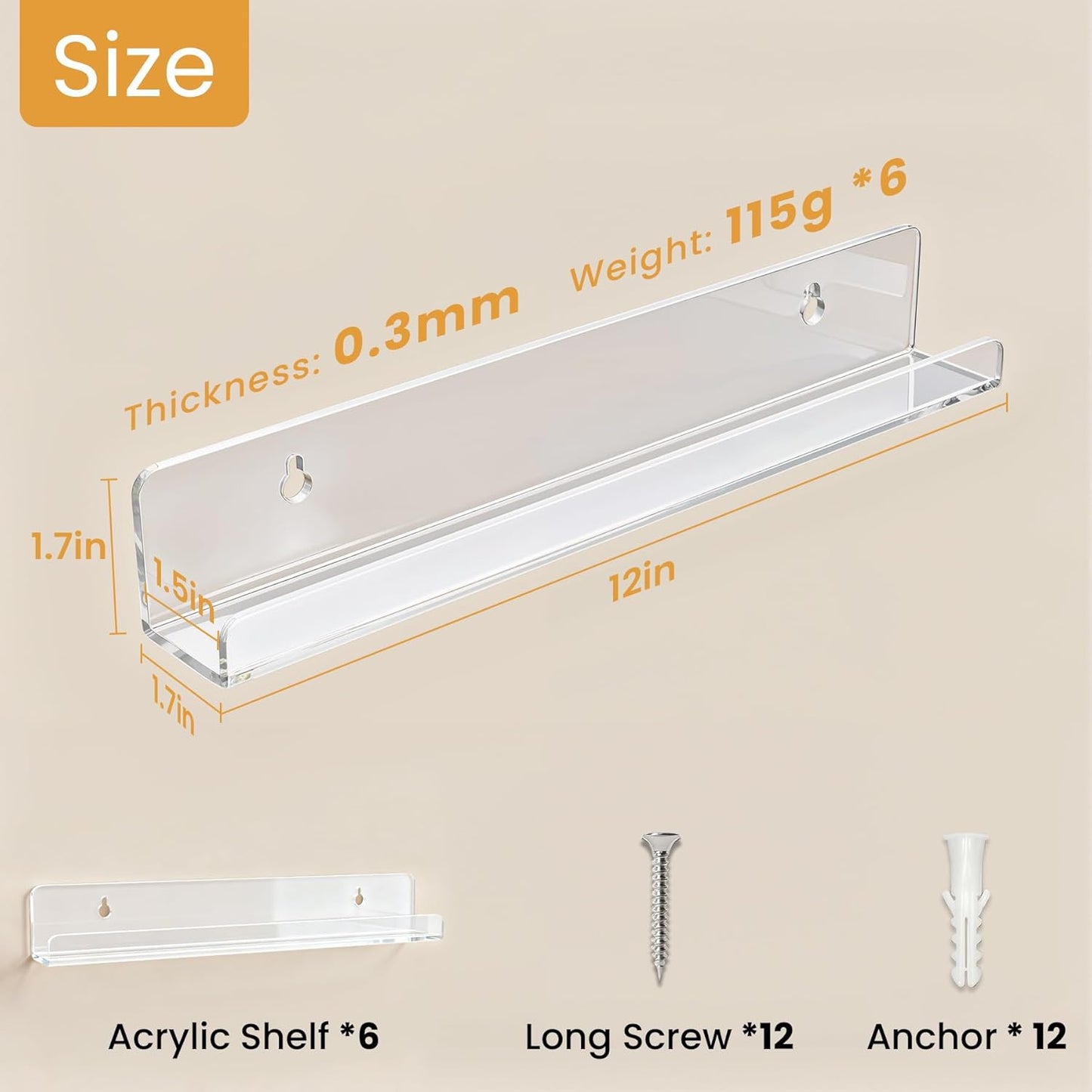 Vinyl Record Shelf Wall Mount, 12 inch Clear Acrylic Album Record Holder Display, Floating Shelves for Wall, Magazine Shelf, Kids Bookshelf, Suitable for Bedroom, Living Room, etc.—6 Pack