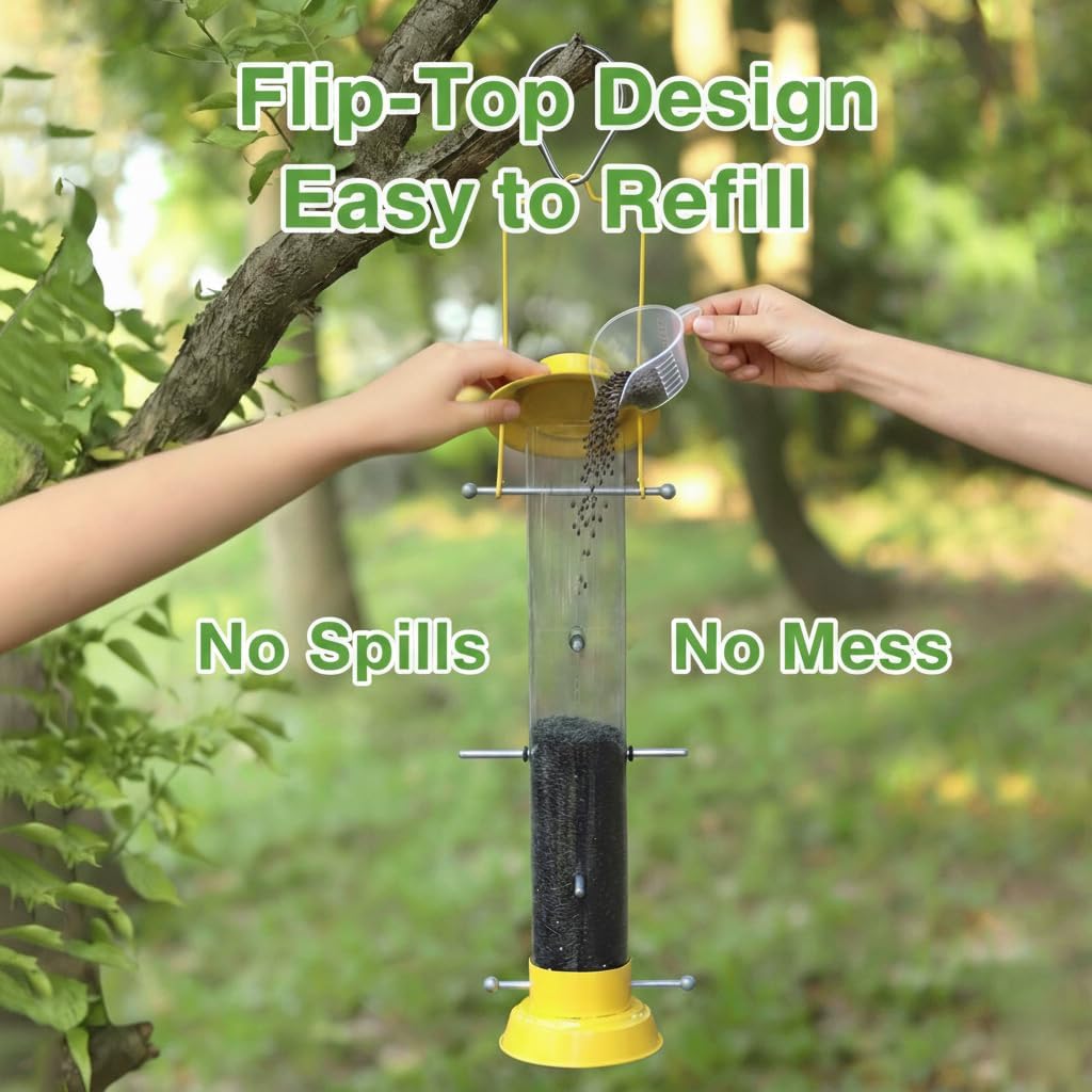 KiRuan Finch Feeders for Outside,Thistle Bird Feeders for Outdoors Hanging,22.44 Inch Tube Bird Feeder with 12 Ports and 10 Metal Perches,All Detachable Design,Easy to Refill & Clean,Yellow,1 Pack