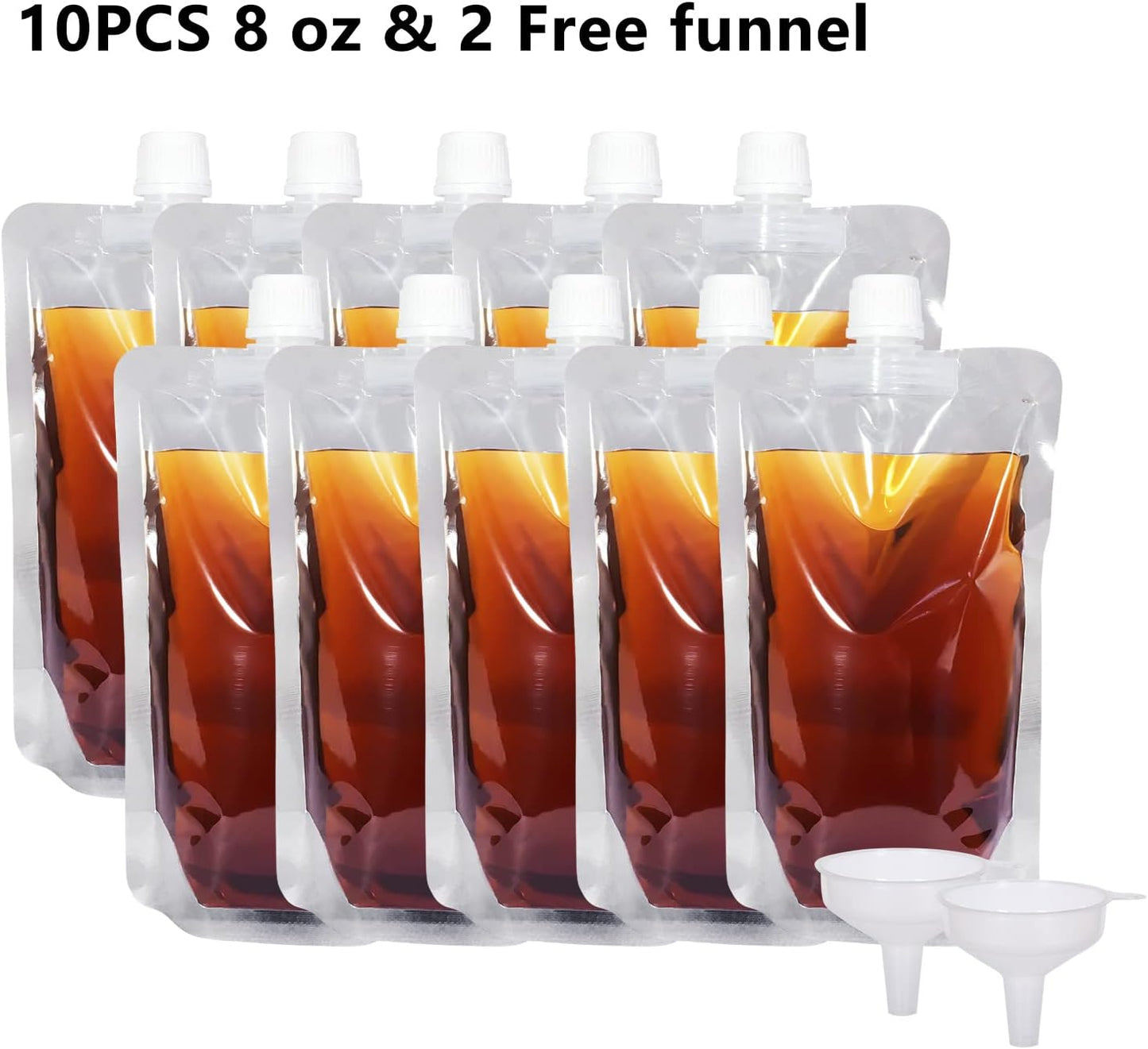 Keon Plastic Pouches - Leak-Proof, Reusable, Flexible Juice Bags, BPA-Free for Travel, Outdoor Sports, Concerts, Events (8OZ - 10PCS + 2 Funnels)