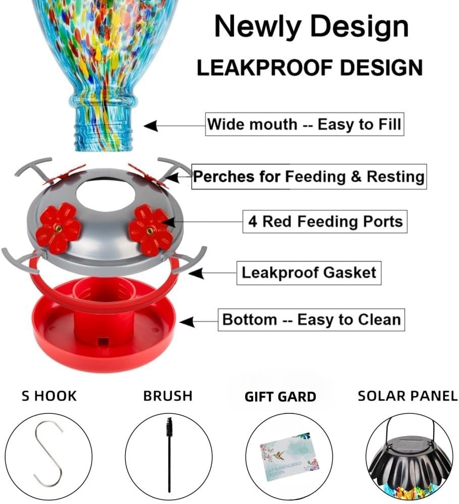 Solar Hummingbird Feeder for Outdoors Hanging Colorful Lighting 32 Oz Hand Blown Glass Hummingbird Feeder for Garden Decoration with Accessories (Blue)