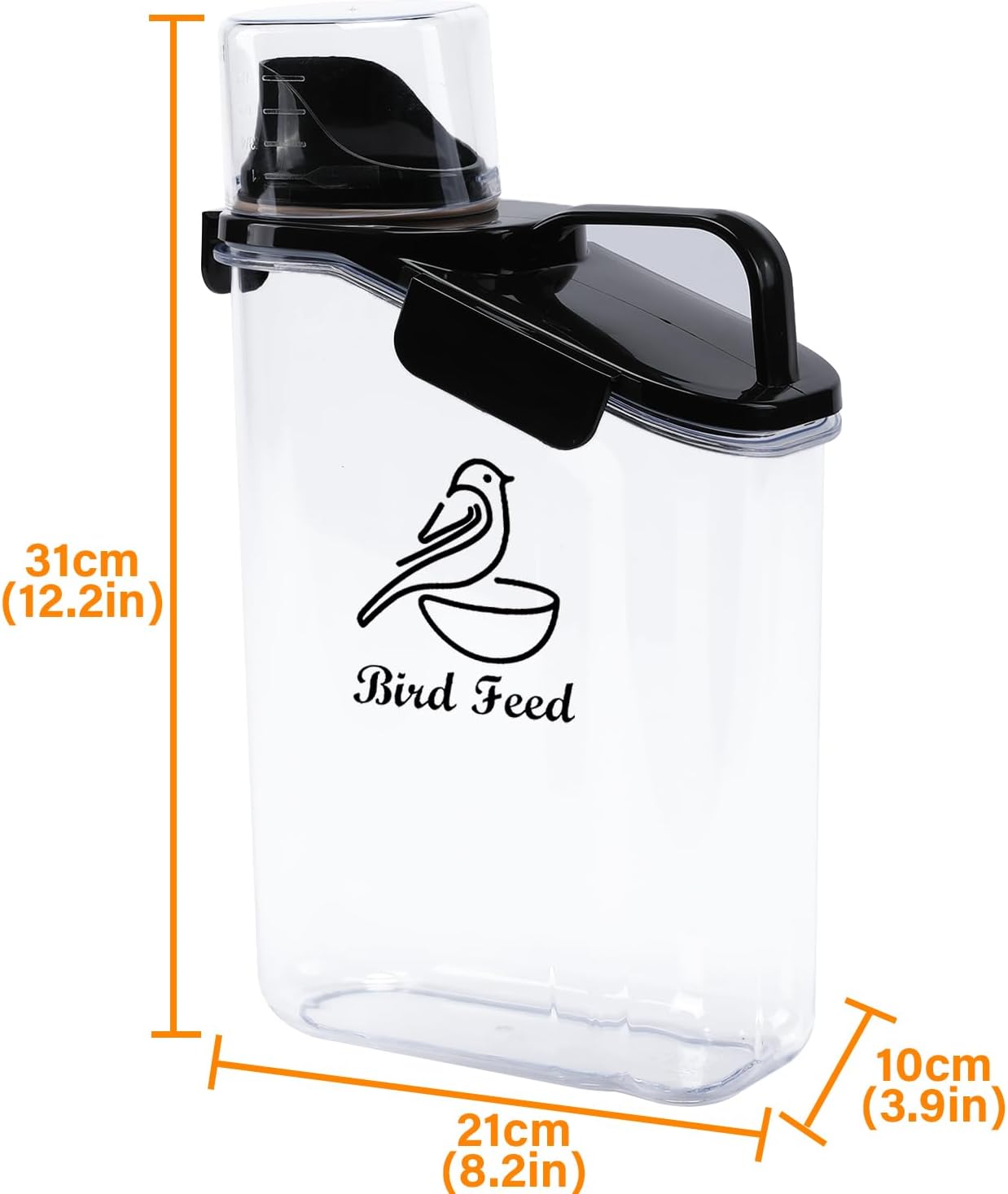 Geyecete Bird Seed Storage Container Portable-3 Qt/2.8 L Clear Plastic Airtight Wild bird Seed Dispenser food container with Measuring Cup |BPA Free
