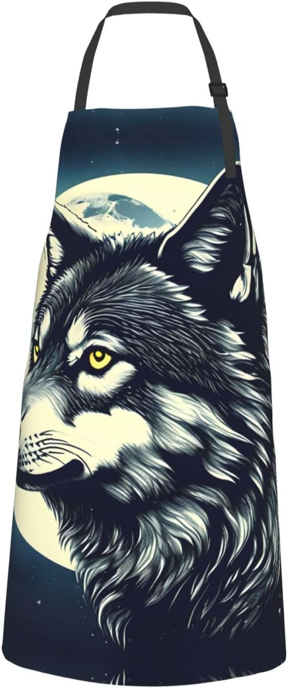 Wolf Night Moon Print 28x33 In Adult Kitchen Apron with Pockets Versatile Chef Smock for Cooking Baking