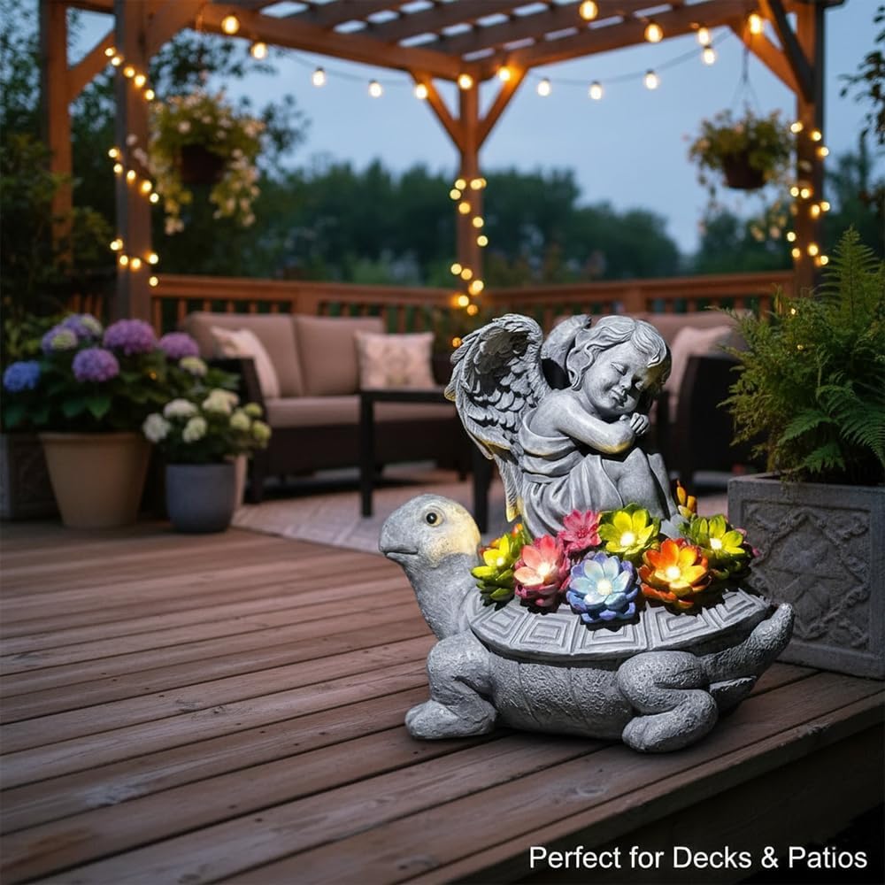 Solar Angel Turtle Garden Statue - IP65 Waterproof Outdoor Decor with 7 LED Lights - Heartwarming Memorial Gifts for Mom, Grandma - Resin Figurine for Patio & Yard