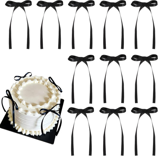 30 Pack Bow Cake Toppers Black Ribbons Bows for Cake Coquette Themed Bow Cupcake Toppers Black Bow Birthday Decorations for Baby Shower, Birthday, Wedding, Bachelorette, Graduation Party Decoration