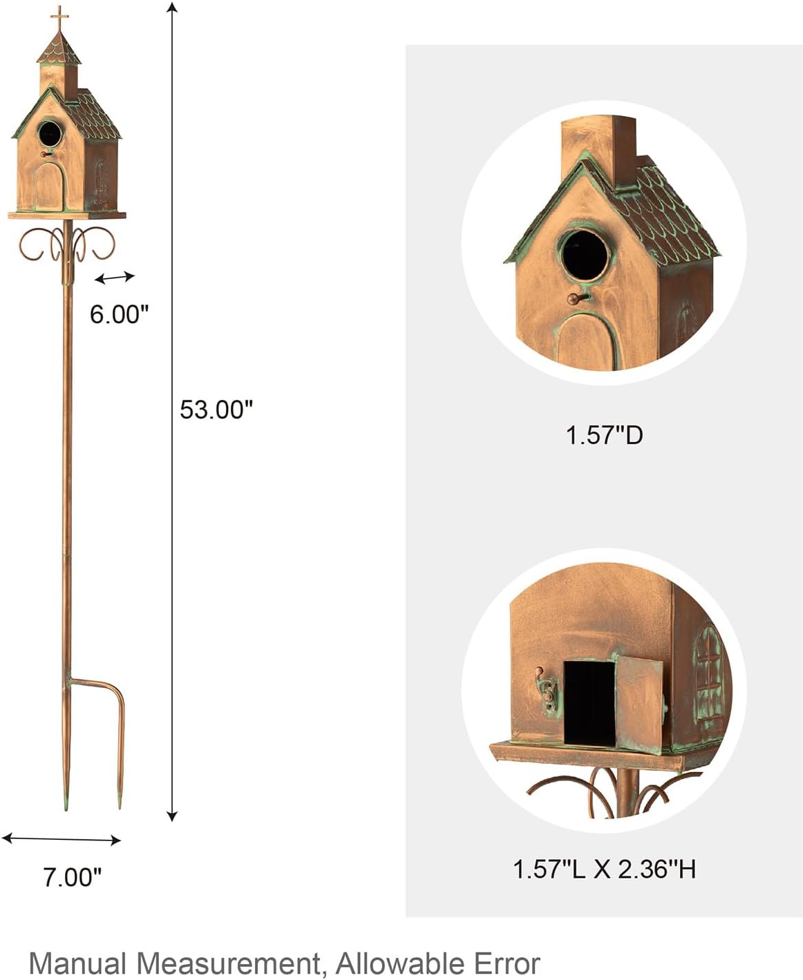 Glitzhome Bird House for Outdoors, 53.00" H Farmhouse Faux Copper Distressed Metal Bird House Church Birdhouse Decorative Garden Birdhouse with Stake