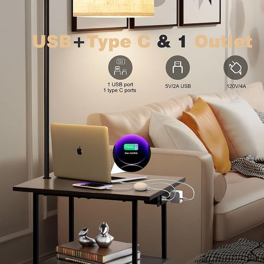 PESRAE Floor Lamp with Table, End Tables with Charging Station(USB & T