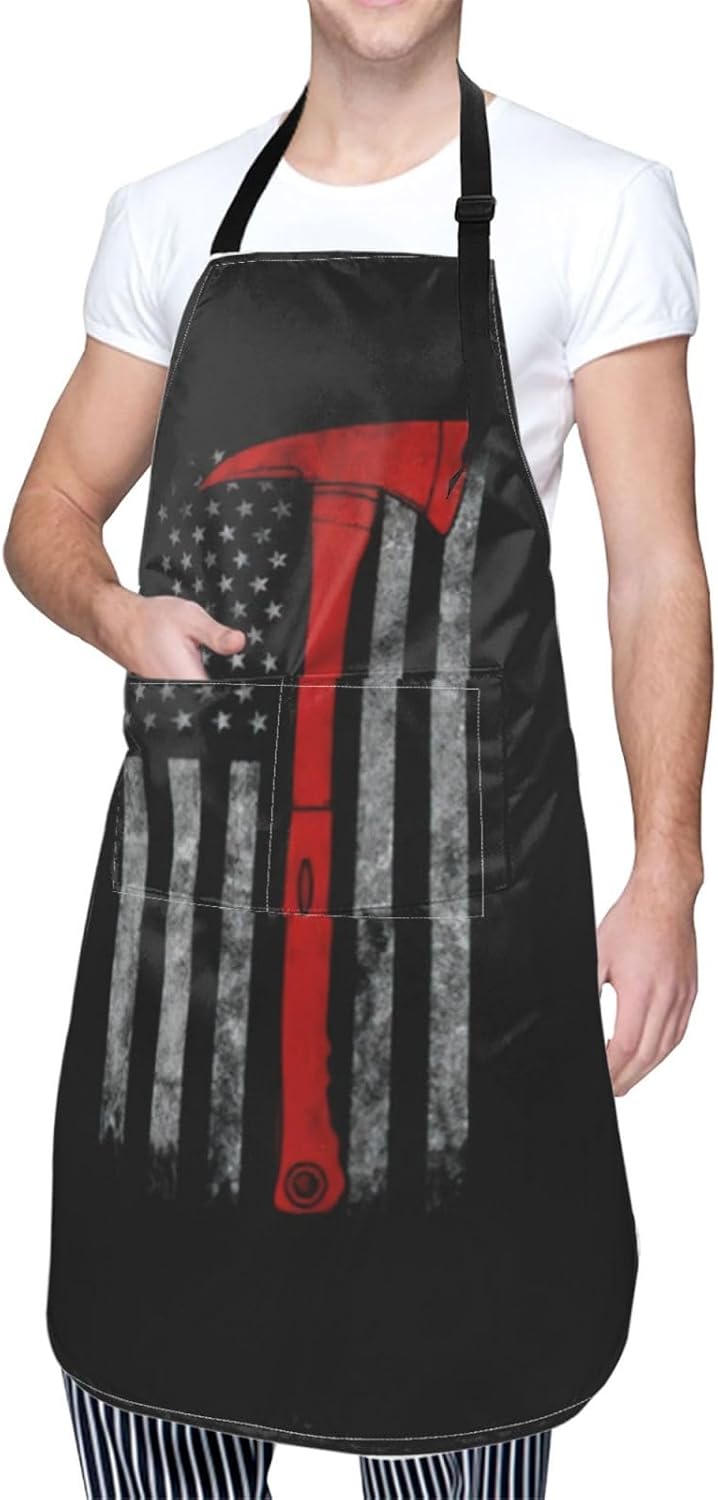 Firefighter Axe Red Line Flag print Waterproof apron with pocket adjustable cooking apron for adult kitchen bibs to bake