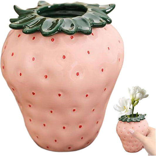Strawberry Vase, Ceramic Strawberry Pot, Funky Strawberry Planter Pot with Detachable Leaf, Decorative Unique Flower Vase for Home Office Kitchen Garden Decor.