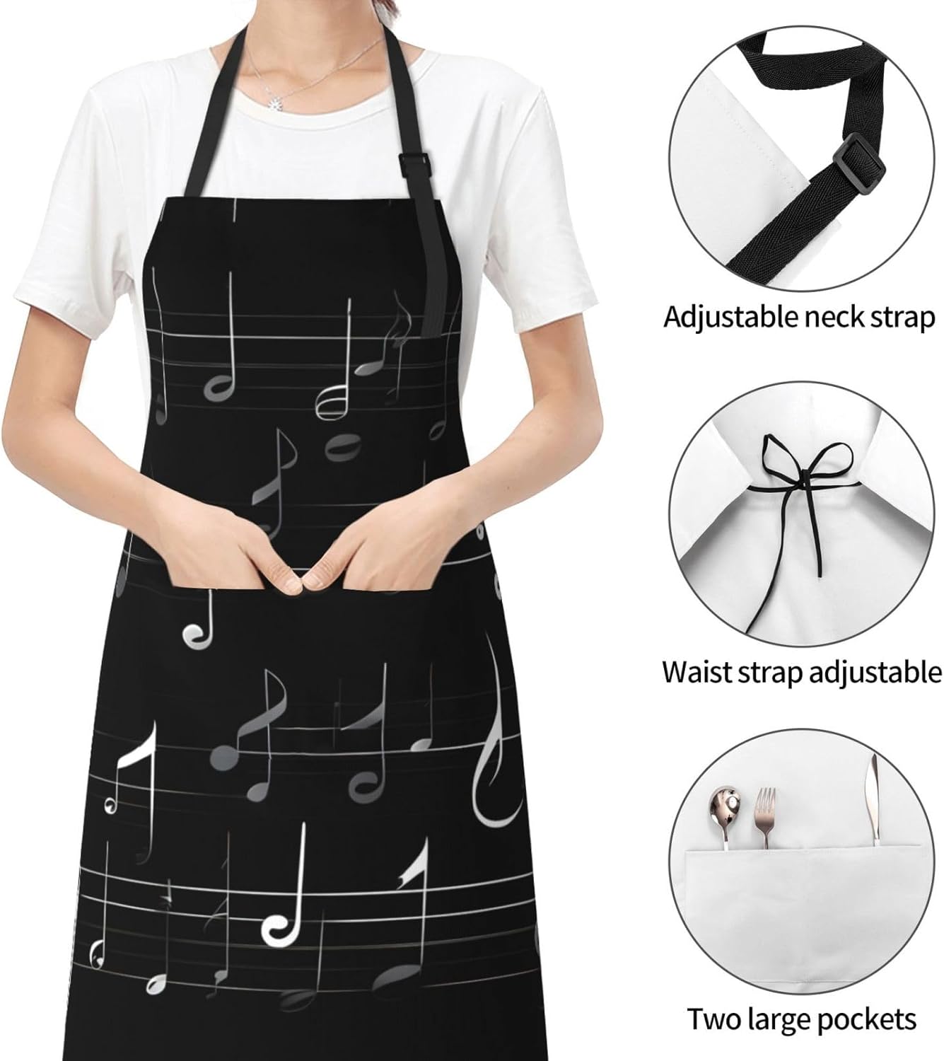 Black Music Notes Print Laundry apron 28x33 In Waterproof Kitchen Apro