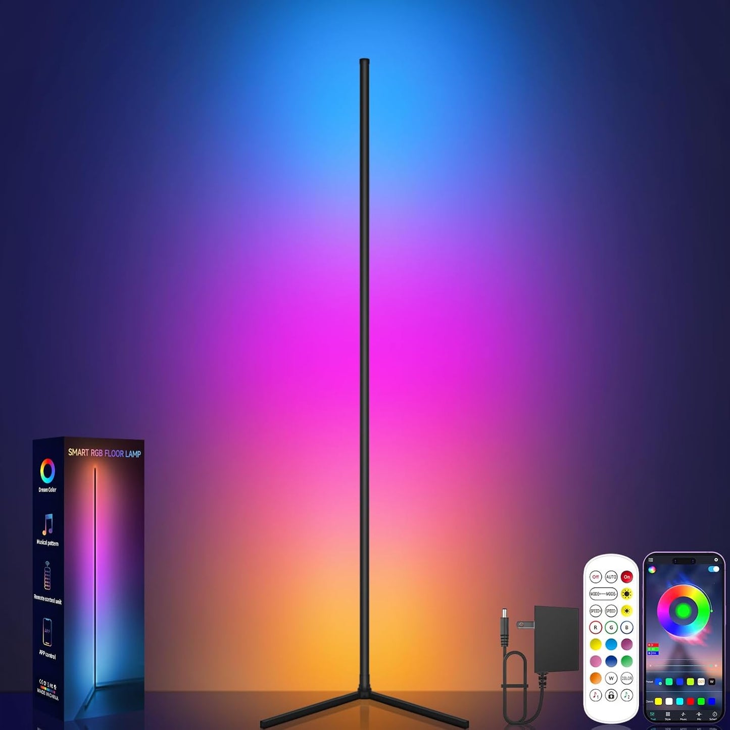 Corner Floor Lamp, RGB LED Corner Lamp with Music Sync, Smart App and 