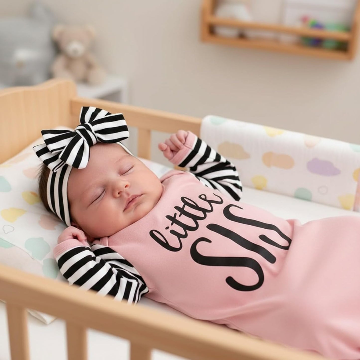AMAWMW Newborn Baby Girl Little Sister Sleeper Gown Stripe Long Sleeve