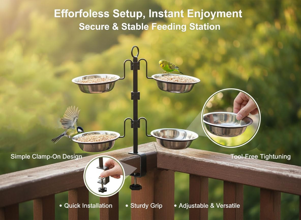 Deck Bird Feeder, 3-Tier Adjustable Railing Clamp-On Feeder with Four Stainless Steel Bowls for Balcony Patio Outdoor Use