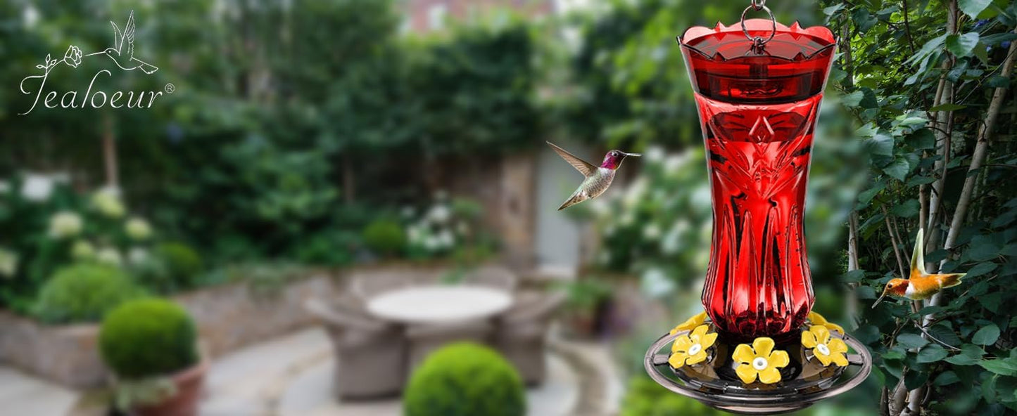 Hummingbird Feeders for Outdoors, Durable Hanging Humming Birds Feeders with 6 Bee Guard Feeding Ports & Built-in Ant Moat, Easy to Clean, Ideal for Garden Decor, 18 OZ, (1, Red)