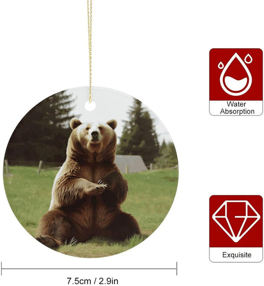 Hi Bear Sit on The Lawn Sublimation Ceramic Ornaments Round Hanging Ornament Fashion Pattern Pendant Double-Sided Printing Hanging Decorations for Home Party Mall Wall Decor