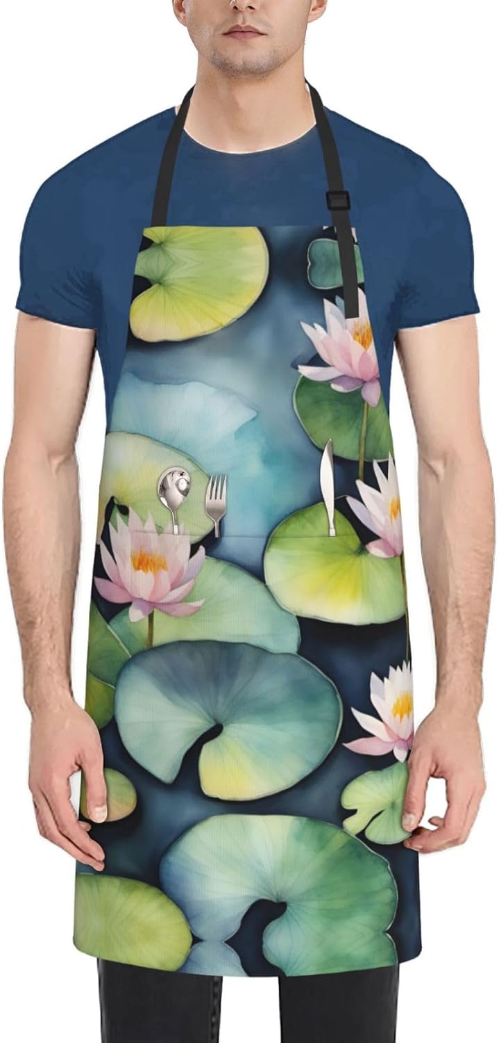 Black Lily Pads print Waterproof chef's apron with pocket apron for ki