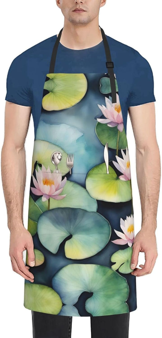 Black Lily Pads print Waterproof chef's apron with pocket apron for ki