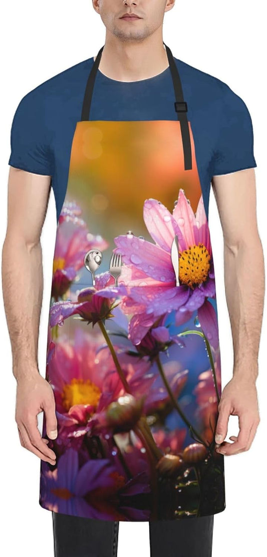 Colored flower print Waterproof apron with pocket adjustable cooking a