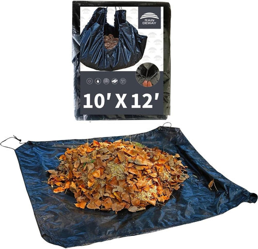RAINDEWAY Drawstring Yard Tarp - 10x12 Feet, Black Poly, Reusable Lawn