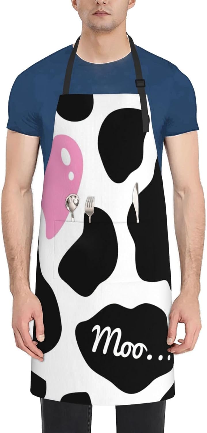 Black White Milk Cow Print 28 x 33in Waterproof Apron with Pockets Fashionable Versatile Smock for Baking