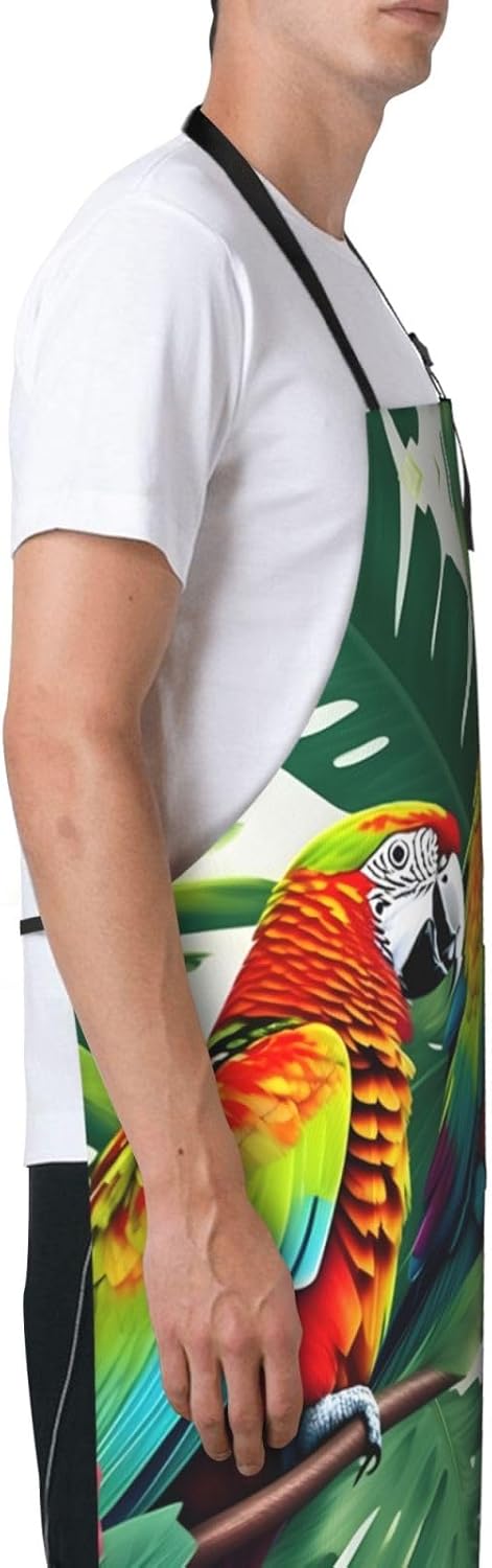 Tropical Flower Leaf Parrot Print 28x33 In Adult Kitchen Apron with Pockets Versatile Chef Smock for Cooking Baking