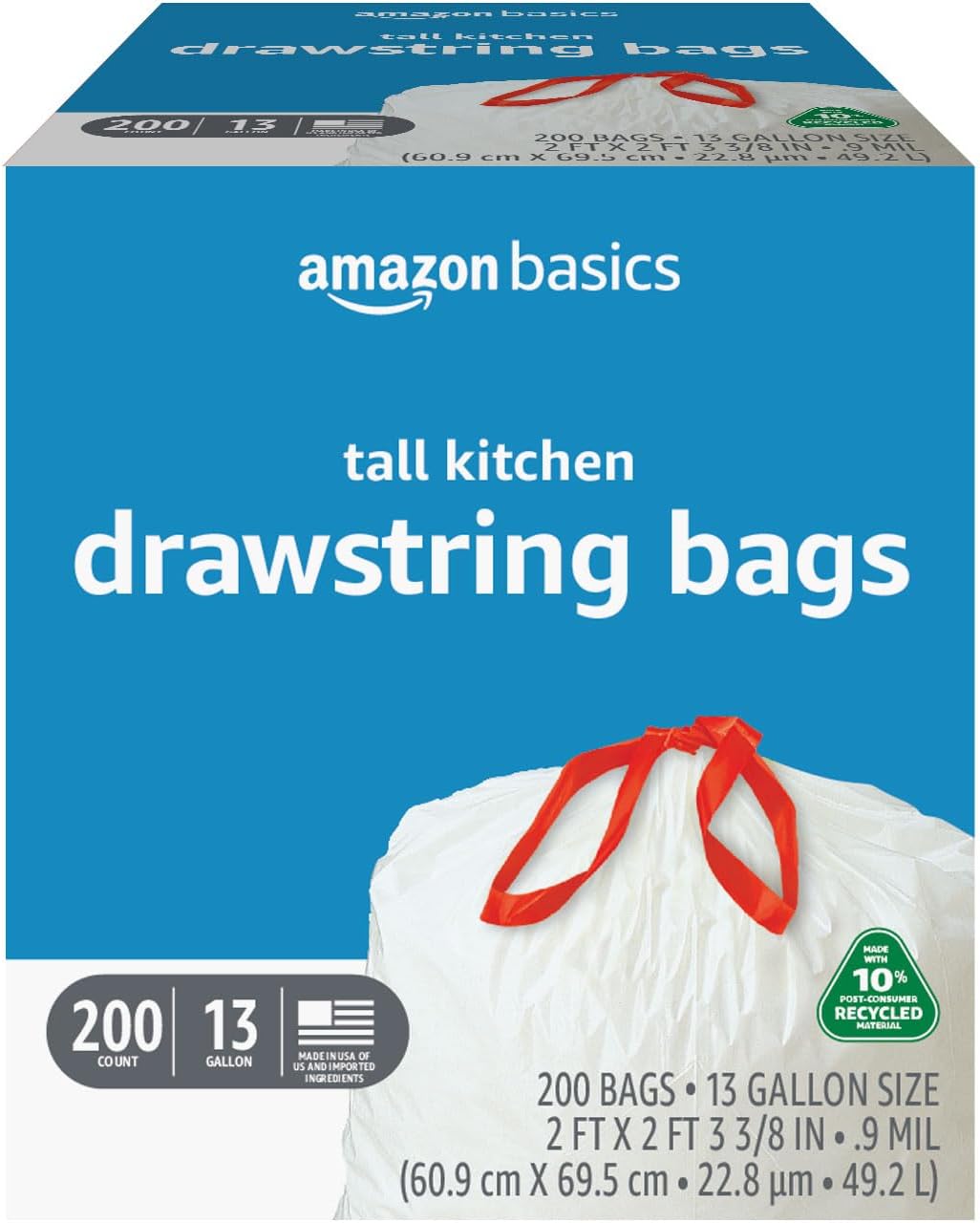 Amazon Basics 13 Gallon Tall Kitchen Drawstring Trash Bags, White with