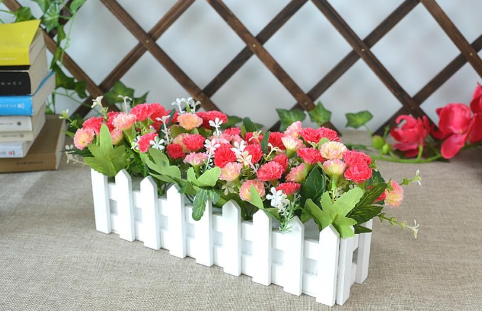 Artificial Carnations Flowers in White Wooden Picket Fence, Faux Silk Flowers with Leaves Fence Pot for Outside Home Planter Porch Patio Yard Office Desk Decor, Rose Red