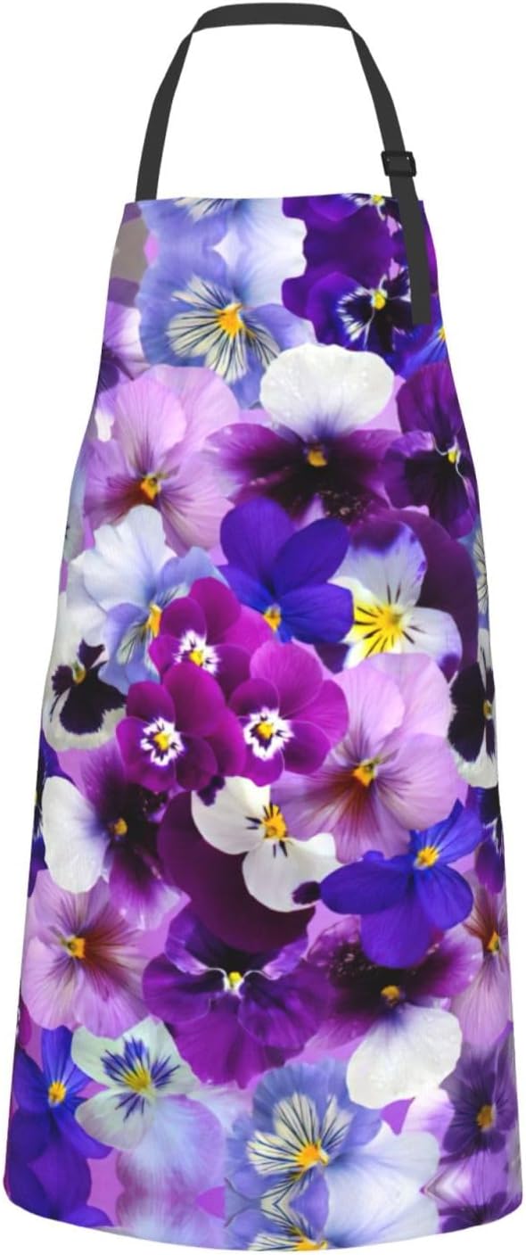 Purple Flower Print Laundry apron 28x33 In Waterproof Kitchen Apron with Pockets for Cooking Baking