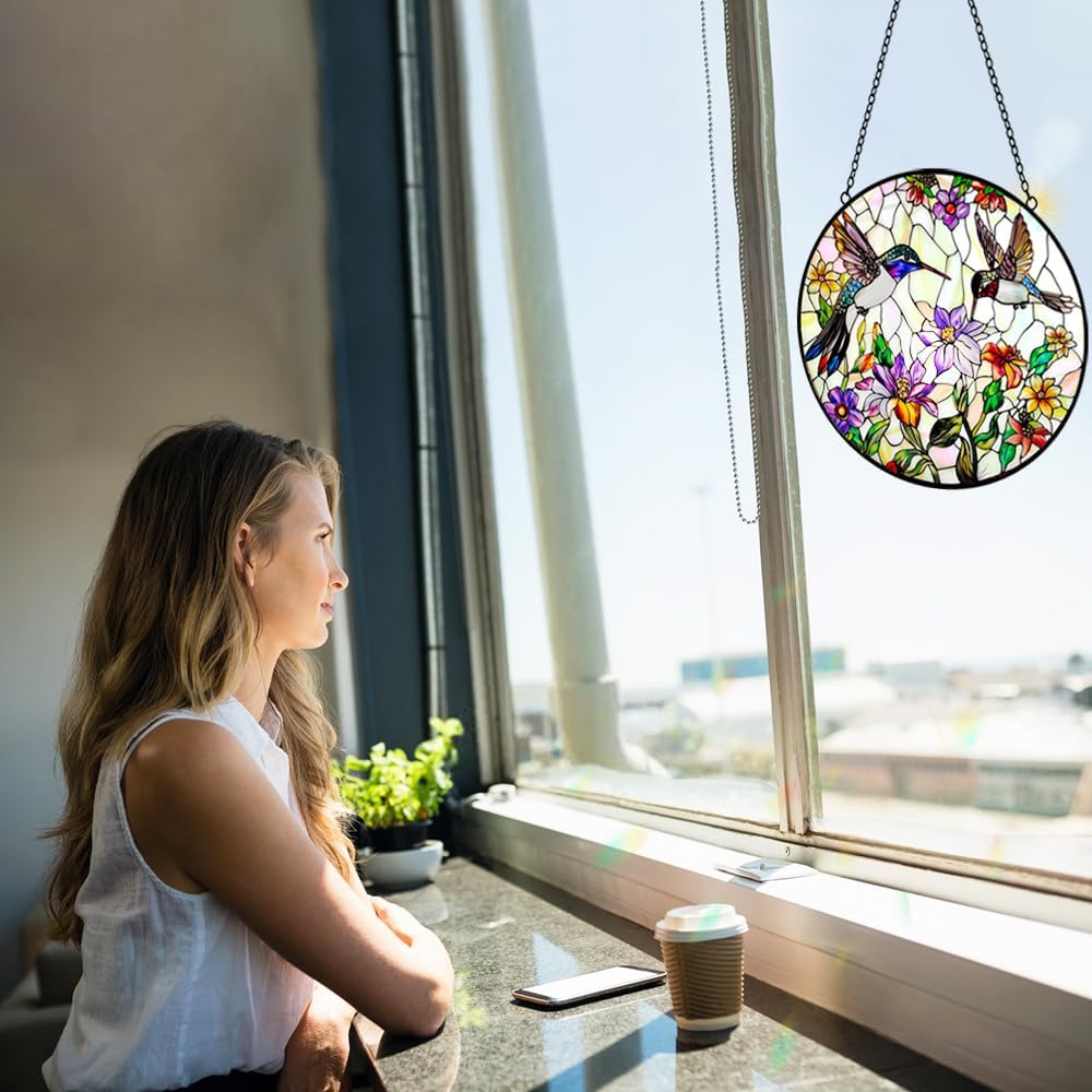 Hummingbird Sun Catcher Stained Glass Window Hanging - Wildflower and Bird Suncatchers for Windows Stained Glass Suncatcher - Sun Catchers Indoor Wall Art Home Decor Gift for Women Mom Bird Lovers