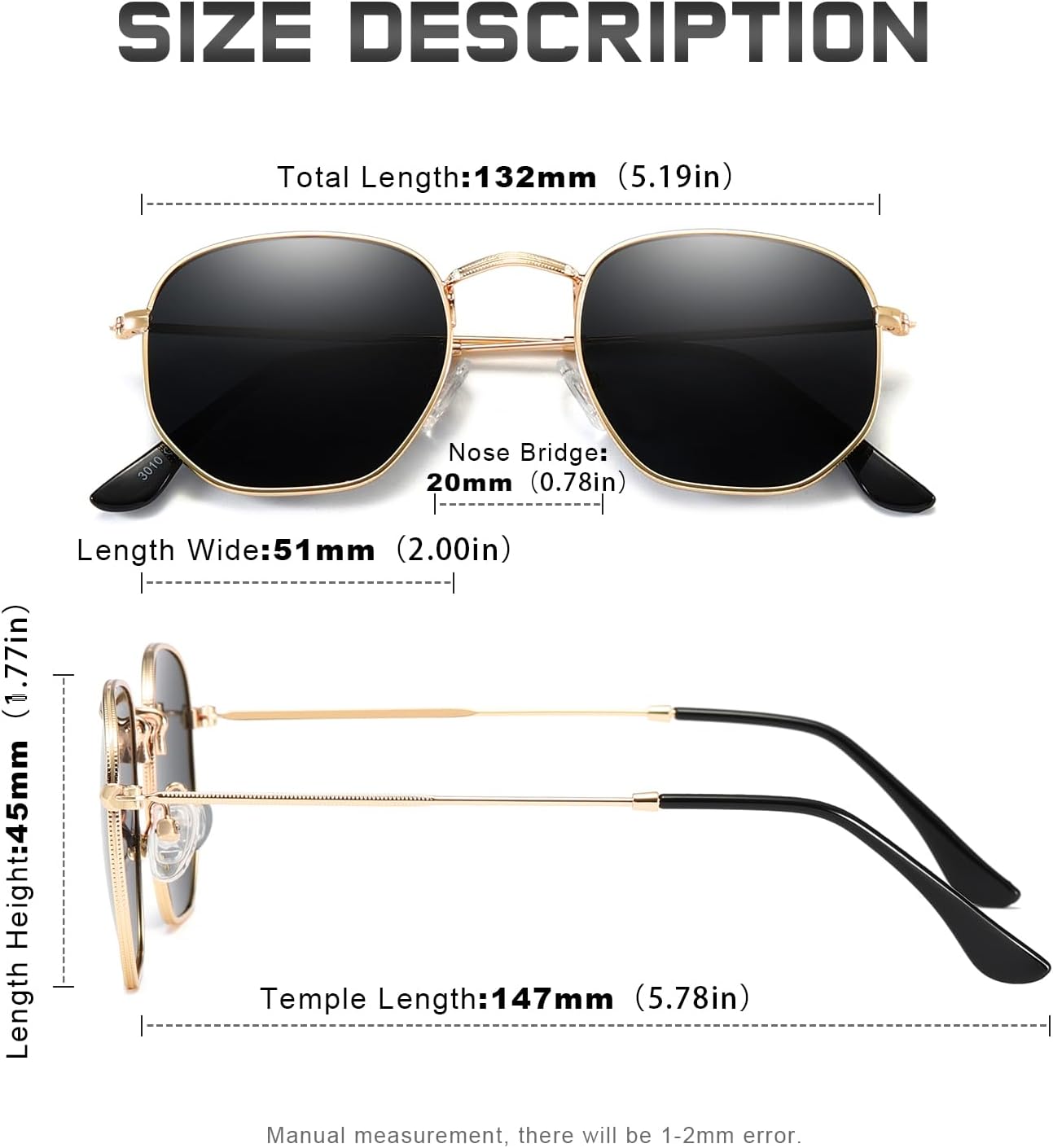 Polarized Sunglasses for Womens Men Trendy Square Hexagonal Flat Mirro