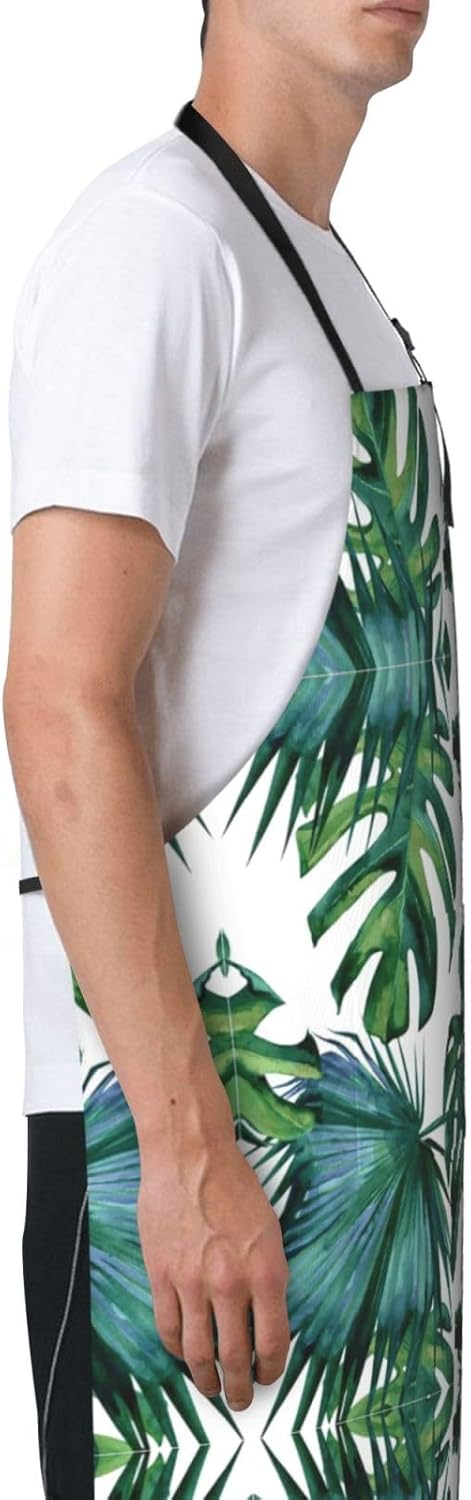 Green banana leaves print Waterproof apron with pocket adjustable cooking apron for adult kitchen bibs to bake