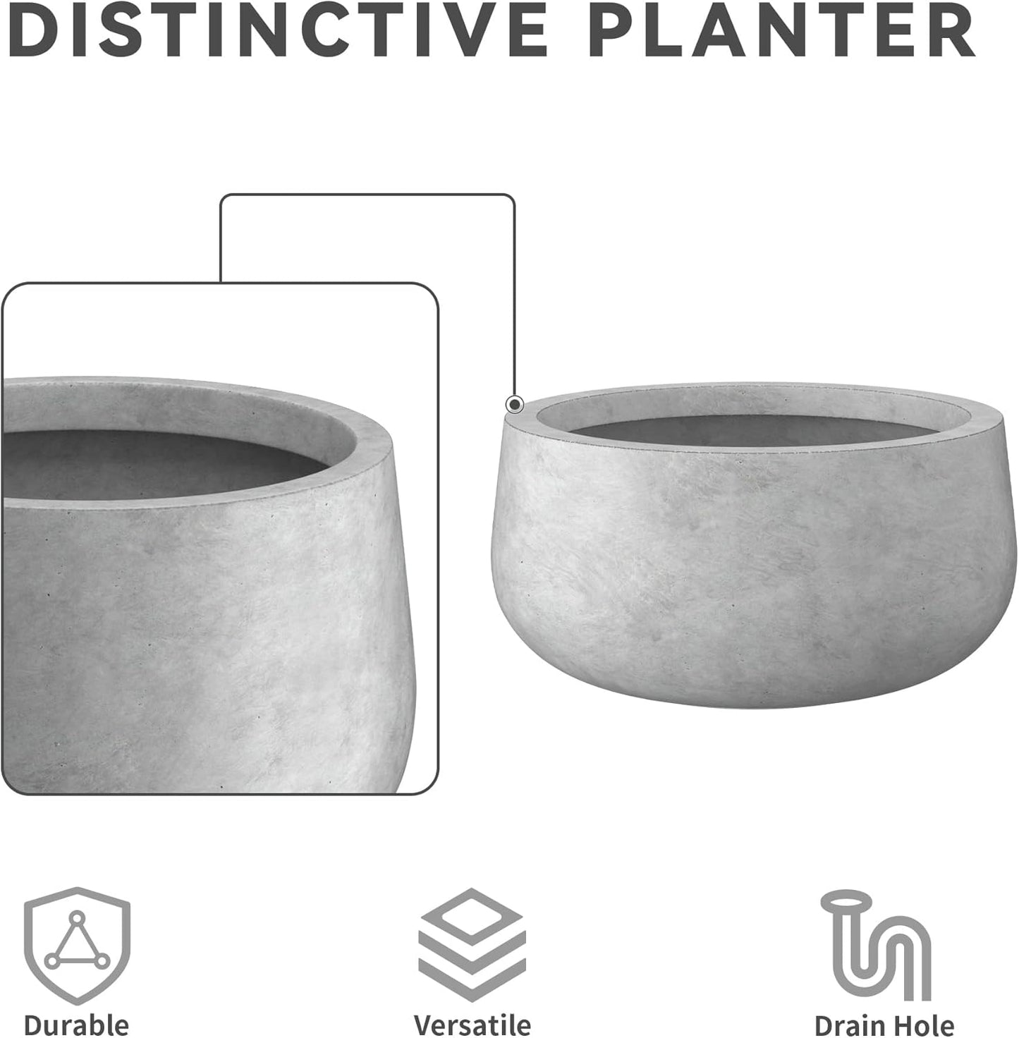 Kante 11.8" Dia Round Concrete Planter, Cement Plant Pots with Drainag