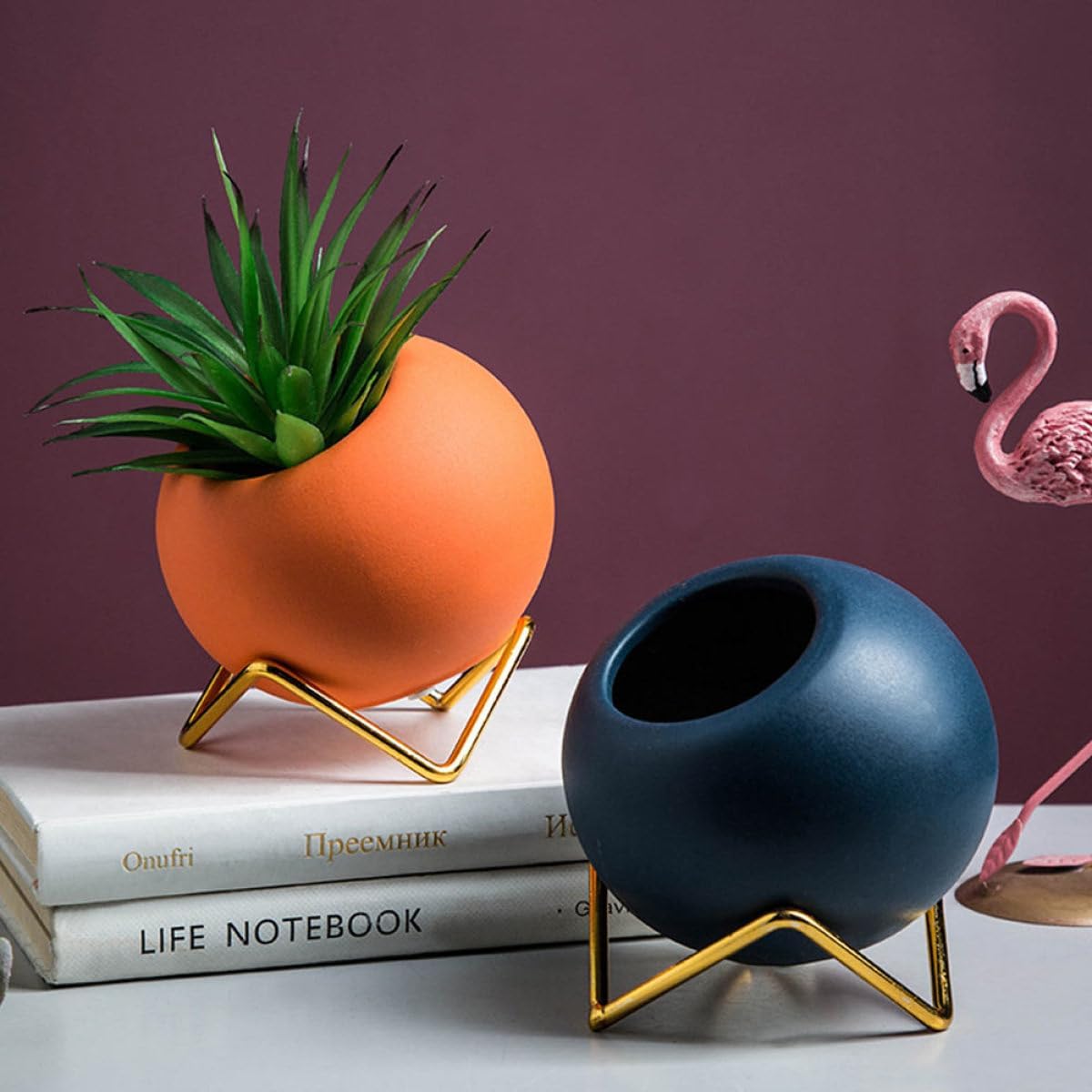 FAVOMOTO Nordic Ceramic Flower Vase Set 2pcs with Iron Frame Spherical