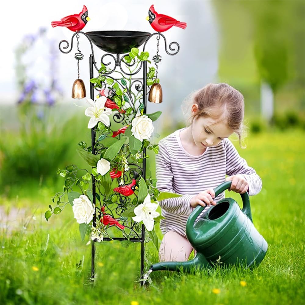 Metal Bird Bath with Trellis,Metal Bird Bath For Outside Decorative Birdbath with Cardinal, Small Garden Plant Support, Antique BirdBath for Climbing Plants with Detachable Iron Bowliron pots