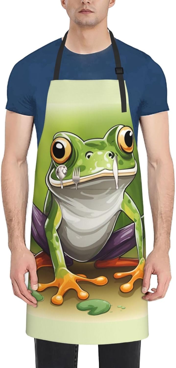 Cartoon frog print Waterproof chef's apron with pocket apron for kitchen cooking baking barbecue and gardening