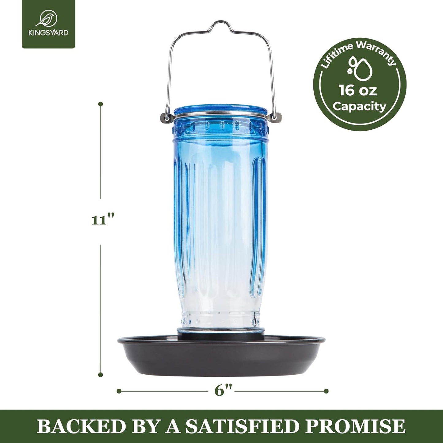 Kingsyard Glass Bird Water Dispenser for Outdoor, 16 Oz, Bird Water Feeder with Metal Hanging for Garden Yard Fence Decoration Hummingbird Cardinal Bluebird Finch, Blue
