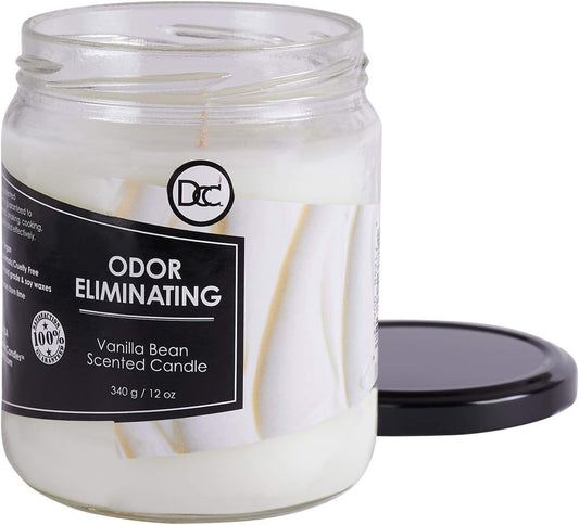 Vanilla Bean Odor Eliminating Highly Fragranced Candle - Eliminates 95% of Pet, Smoke, Food, and Other Smells Quickly - Up to 80 Hour Burn time - 12 Ounce Premium Soy Blend