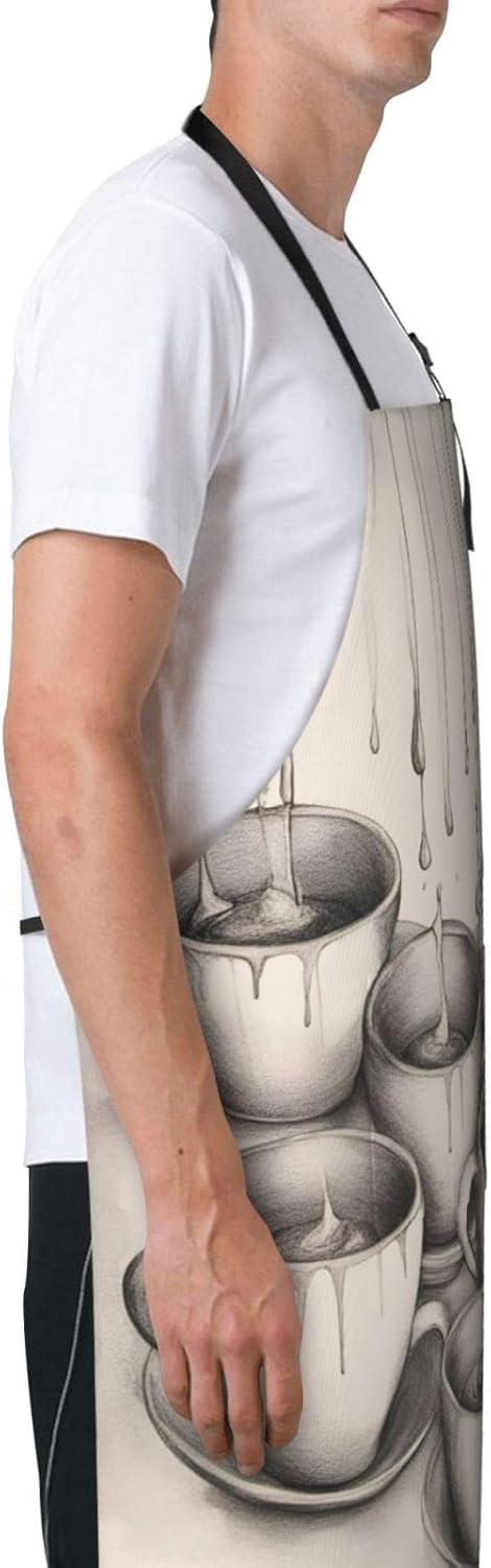 Hand Drawn Teapots and Cups print Waterproof chef's apron with pocket apron for kitchen cooking baking barbecue and gardening