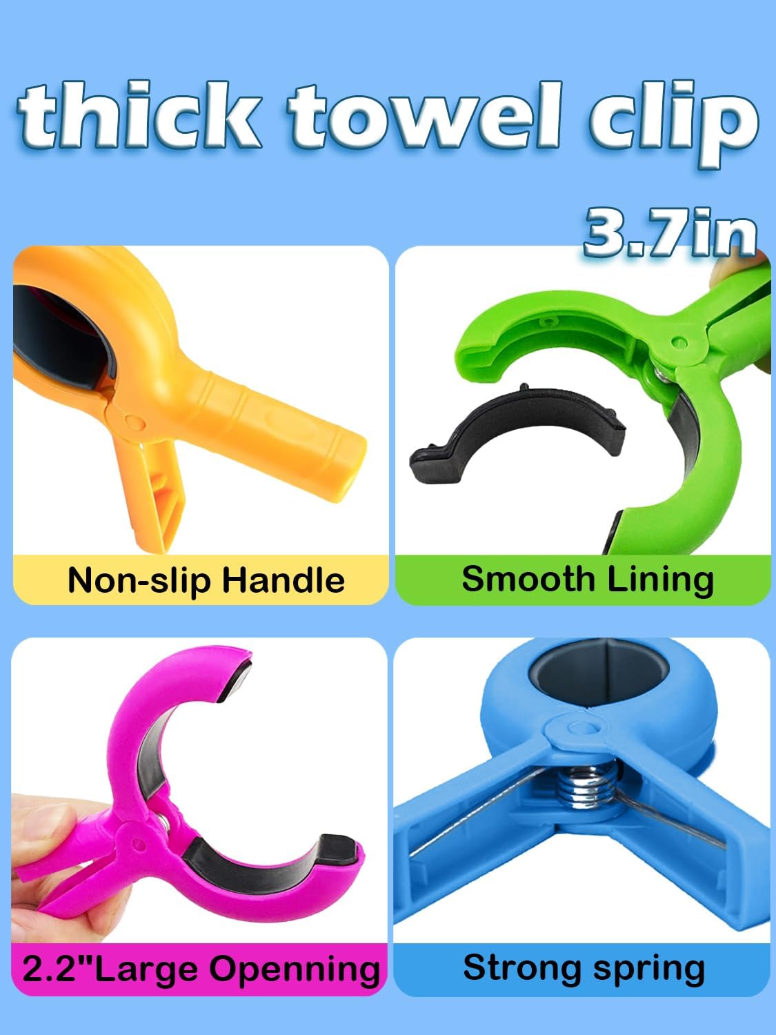 Large Beach Towel Clips, 8 PCS Beach Chair Clips with 2PCS Chip Clips for Chair Cruise Pool, Heavy Duty to Beach Vacation Essentials(Pink, Green, Orange, Blue)