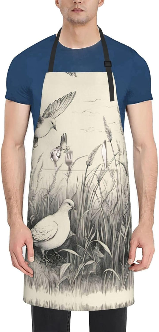 Grass and dove print Waterproof chef's apron with pocket apron for kit